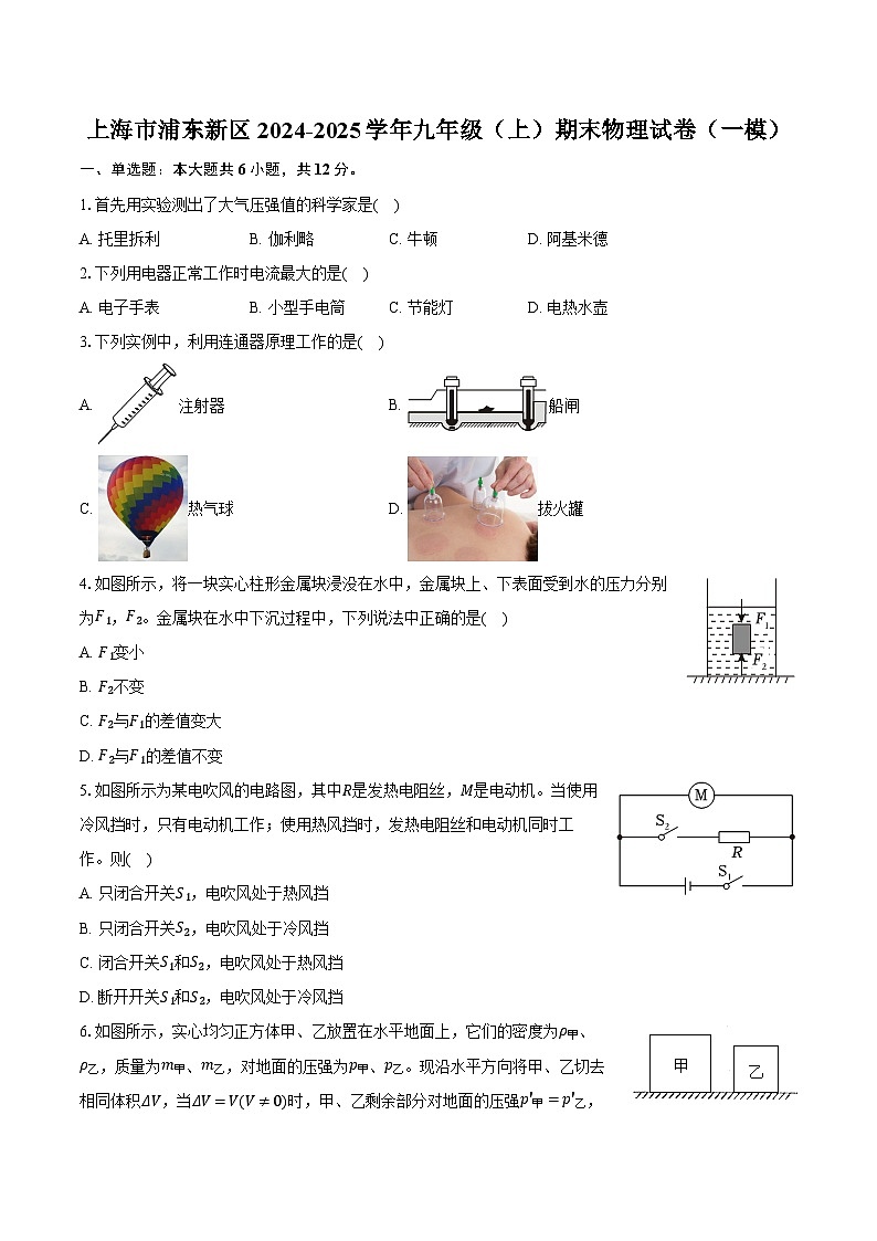 上海市浦东新区2024-2025学年九年级(上)期末物理试卷(一模)(含解析)第1页