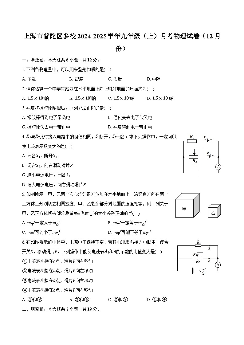 上海市普陀区多校2024-2025学年九年级(上)月考物理试卷(12月份)第1页