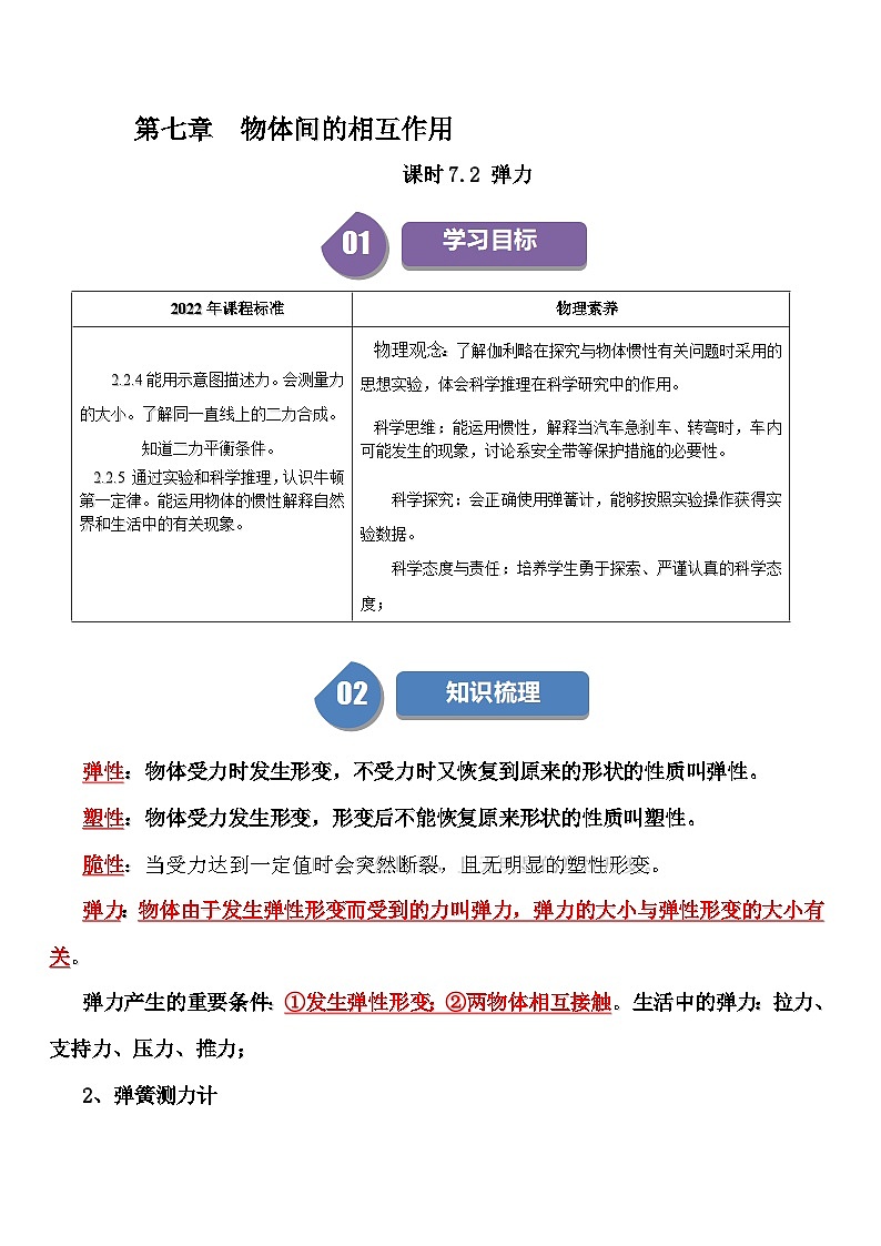 课时7.2 弹力-2024-2025学年八年级物理下册同步学与练(北师大版(北京) (2024)(解析版)第1页