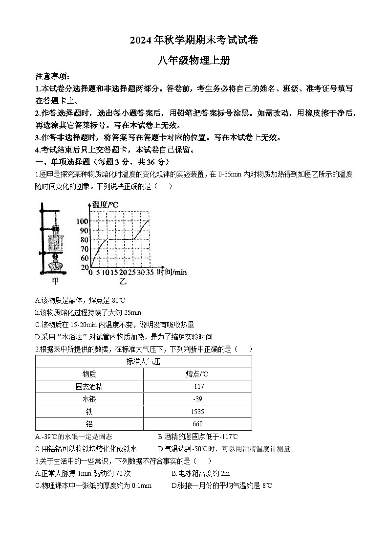 2024-2025学年八年级上学期期末物理考试(无答案)第1页