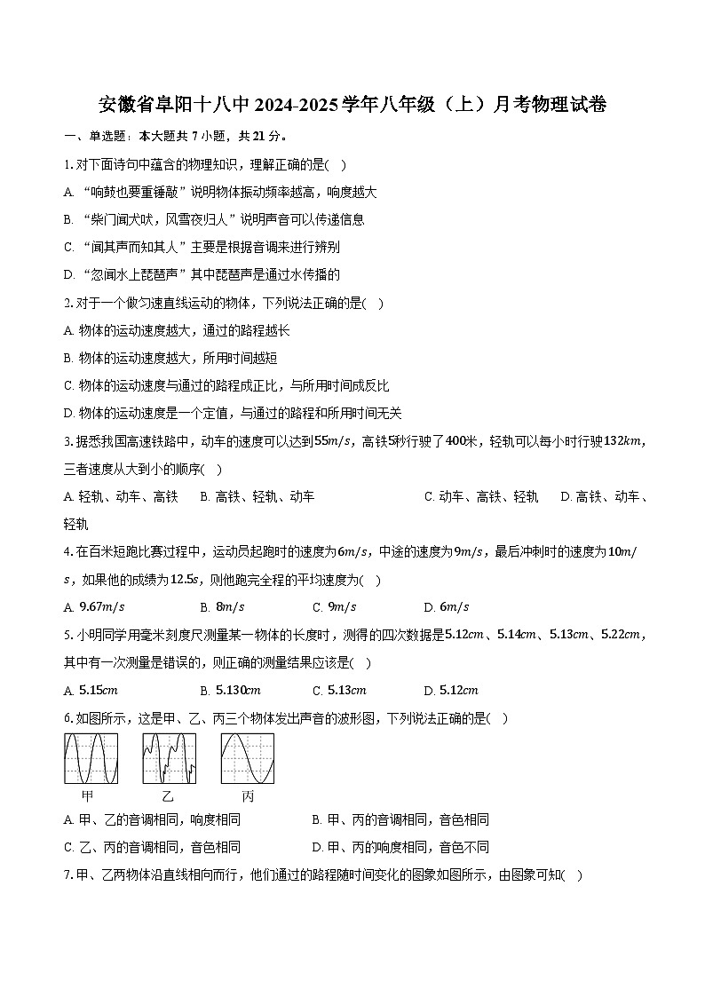 安徽省阜阳十八中2024-2025学年八年级(上)月考物理试卷第1页