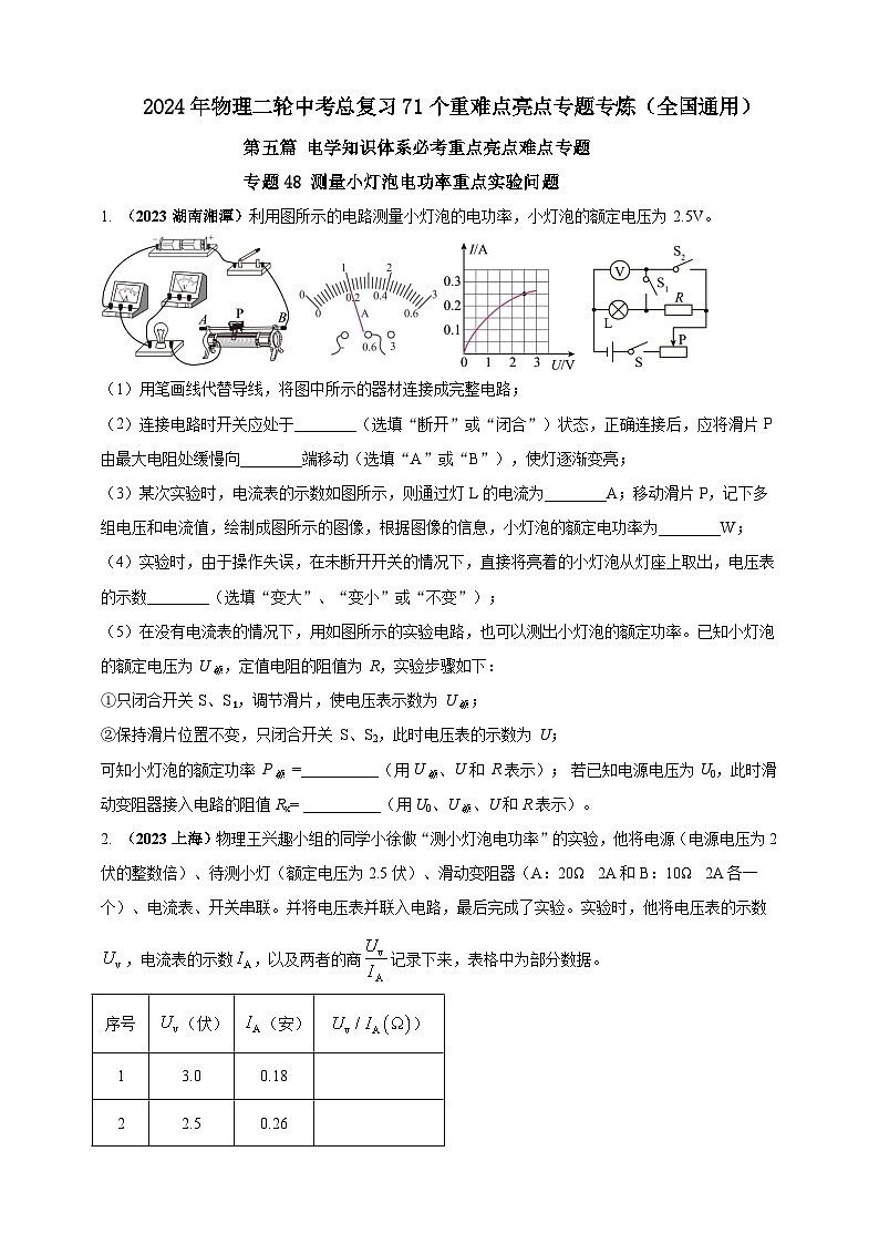 专题48 测量小灯泡电功率重点实验问题(原卷版) 第1页