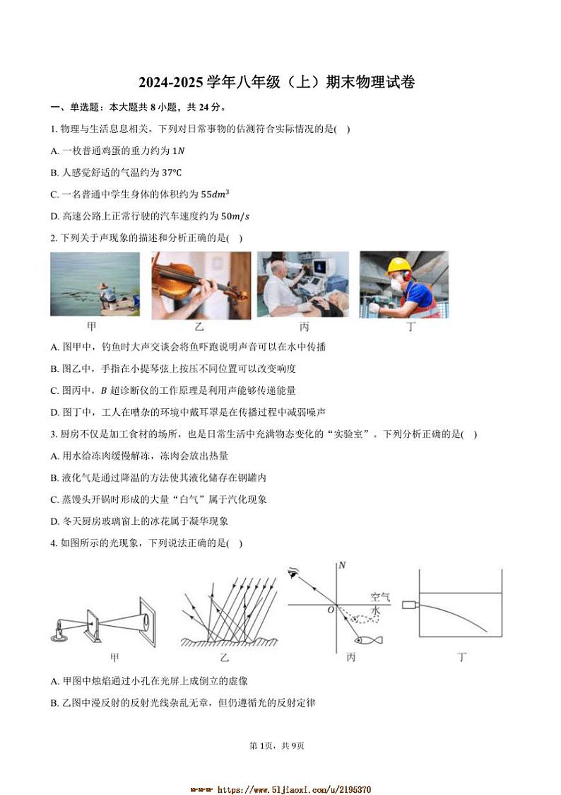 2024~2025学年山东省潍坊市诸城市八年级(上)期末物理试卷(含答案)第1页