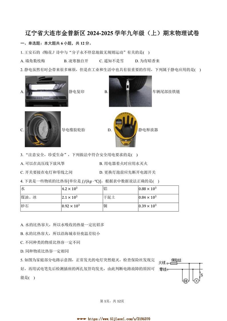 2024~2025学年辽宁省大连市金普新区九年级(上)期末物理试卷(含答案)第1页