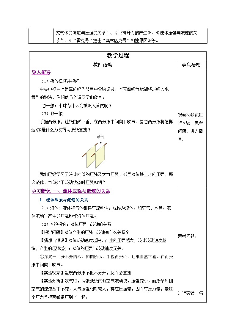9.5 流体压强与流速的关系(教学设计) 第2页