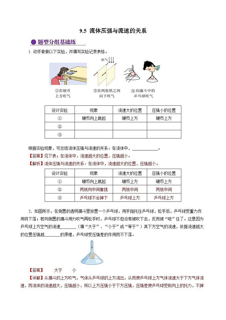 9.5 流体压强与流速的关系(分层作业)【解析版】第1页
