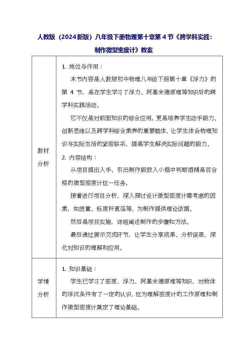 人教版(2024新版)八年級下冊物理第十章第四節(jié)《跨學科實踐:制作微型密度計》教案第1頁