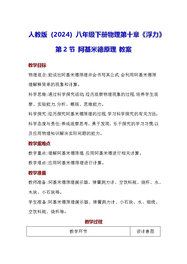 人教版(2024)八年级下册物理第十章《浮力》第二节 阿基米德原理 教案第1页