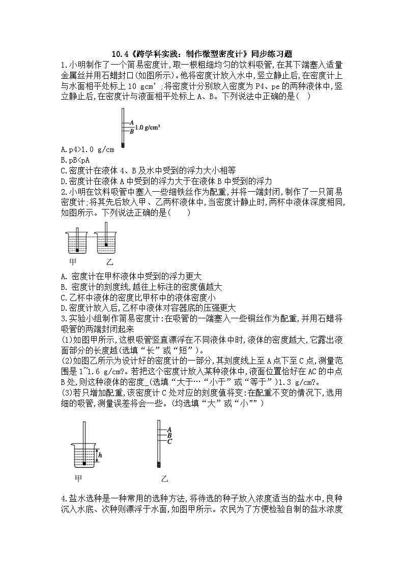 10。4《跨学科实践:制作微型密度计》同步练习题(含参考答案)第1页