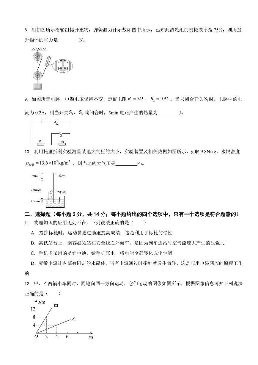 2025年安徽省无为市中考二模物理试卷附答案第2页