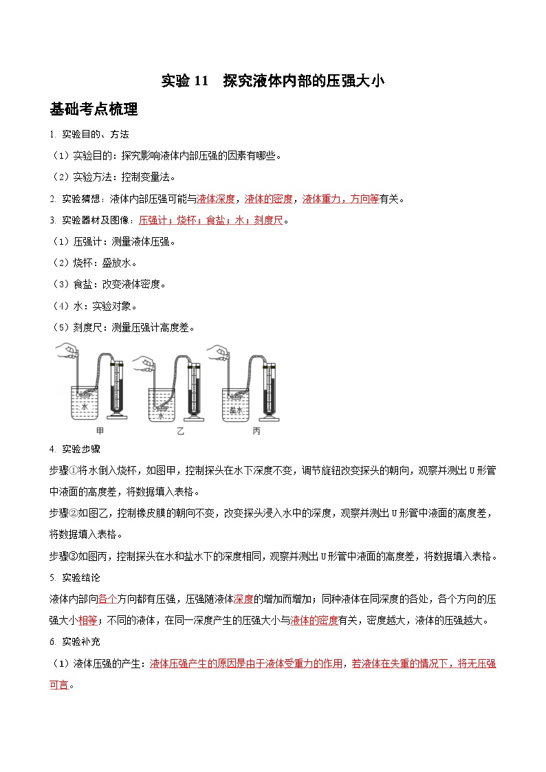 2025年中考物理实验题型突破之真题汇编实验11探究液体内部的压强大小(原卷版+解析)