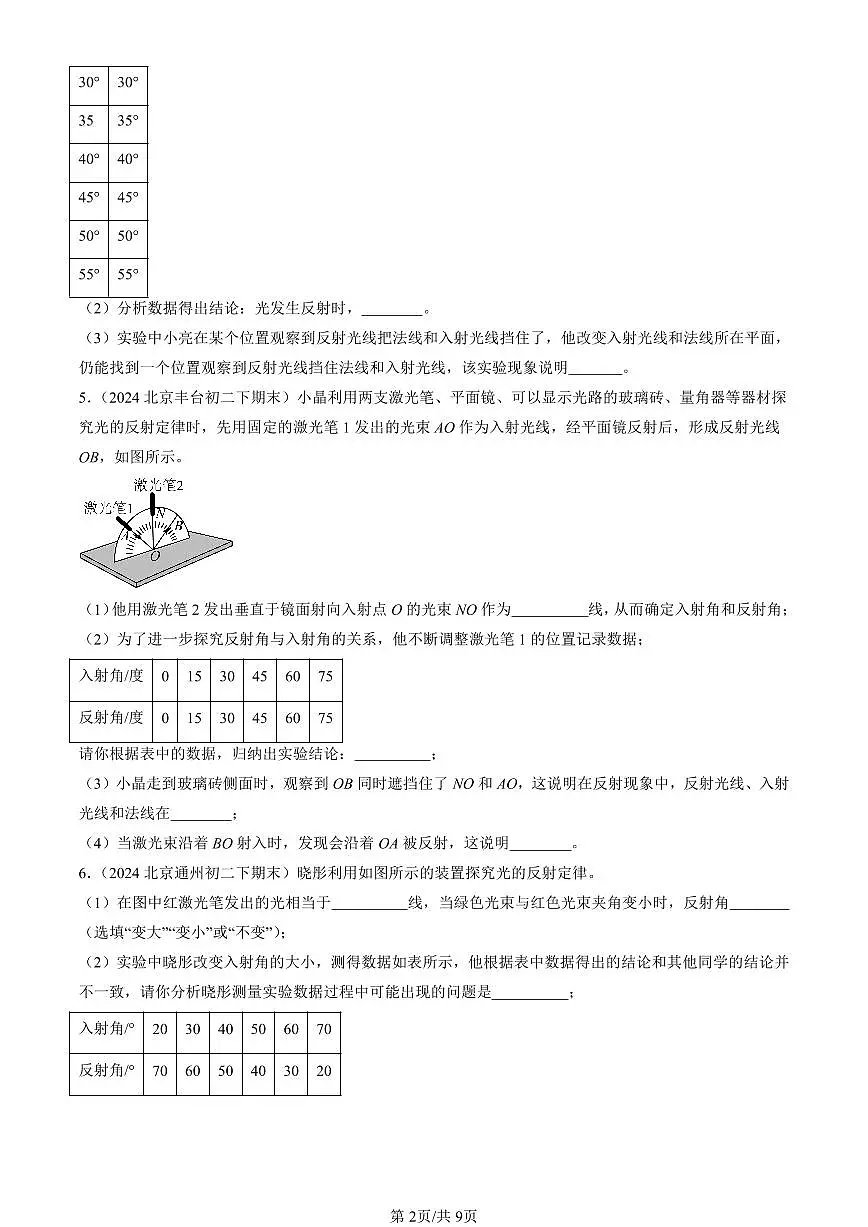 2022-2024北京初二(下)期末真题物理汇编:光的反射第2页