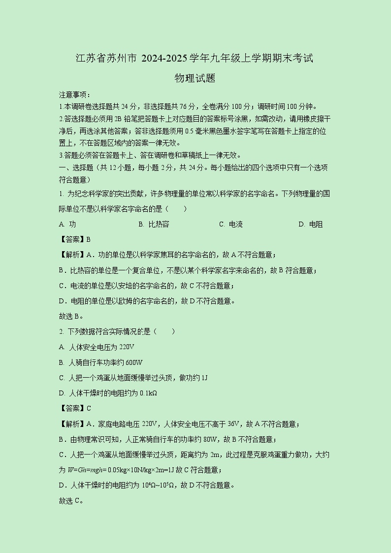 江苏省苏州市2024-2025学年九年级上学期期末考试物理试卷（解析版）