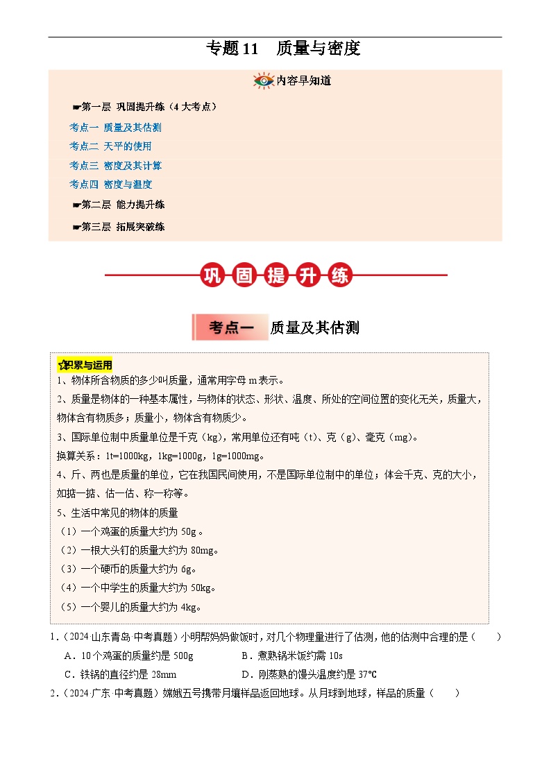 2025年人教版八年级物理寒假专题11质量与密度练习