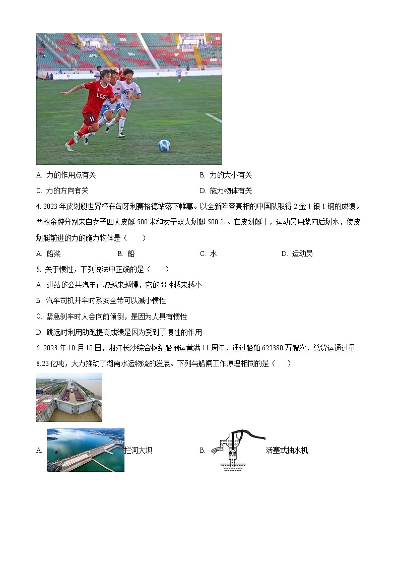精品解析:湖南省岳阳市2023-2024学年八年级下学期期中考试物理试题(原卷版)第2页