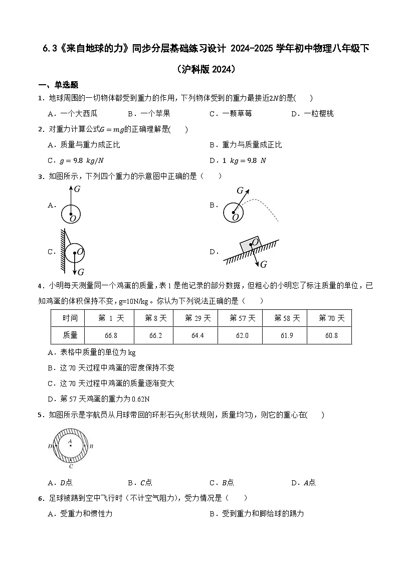 6.3《来自地球的力》同步分层基础练习设计 2024-2025学年初中物理八年级下(沪科版2024)第1页