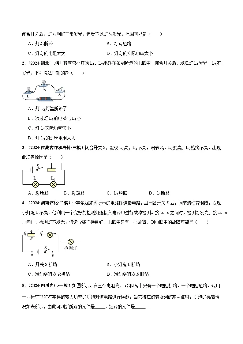 电学微专题2 电路故障分析(练习)(原卷版)第2页