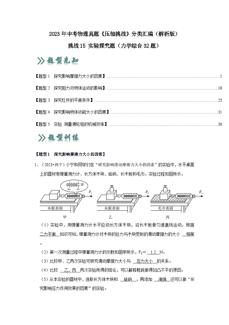 中考物理二轮复习压轴培优训练挑战15 实验探究题(力学综合32题)(解析版)第1页