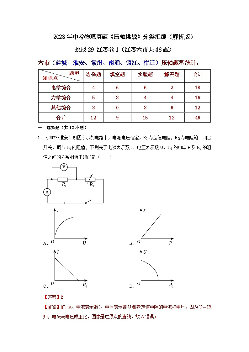中考物理二轮复习压轴培优训练挑战29 江苏卷1(江苏六市共46题)(解析版)第1页
