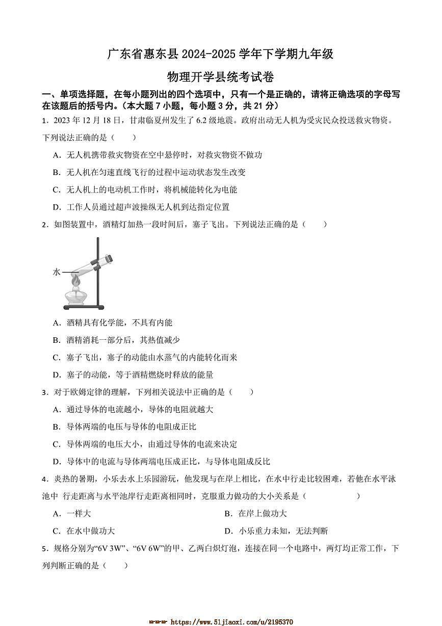 2024～2025學(xué)年廣東省惠東縣九年級下物理開學(xué)縣統(tǒng)考試卷(含答案)第1頁