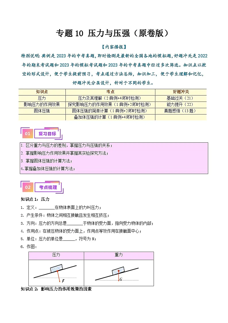 中考物理总复习专题10 压力与压强(原卷版)第1页