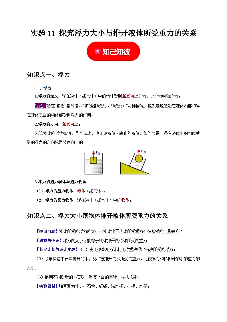 中考物理总复习实验11 探究浮力大小与排开液体所受重力的关系(解析版)练习第1页