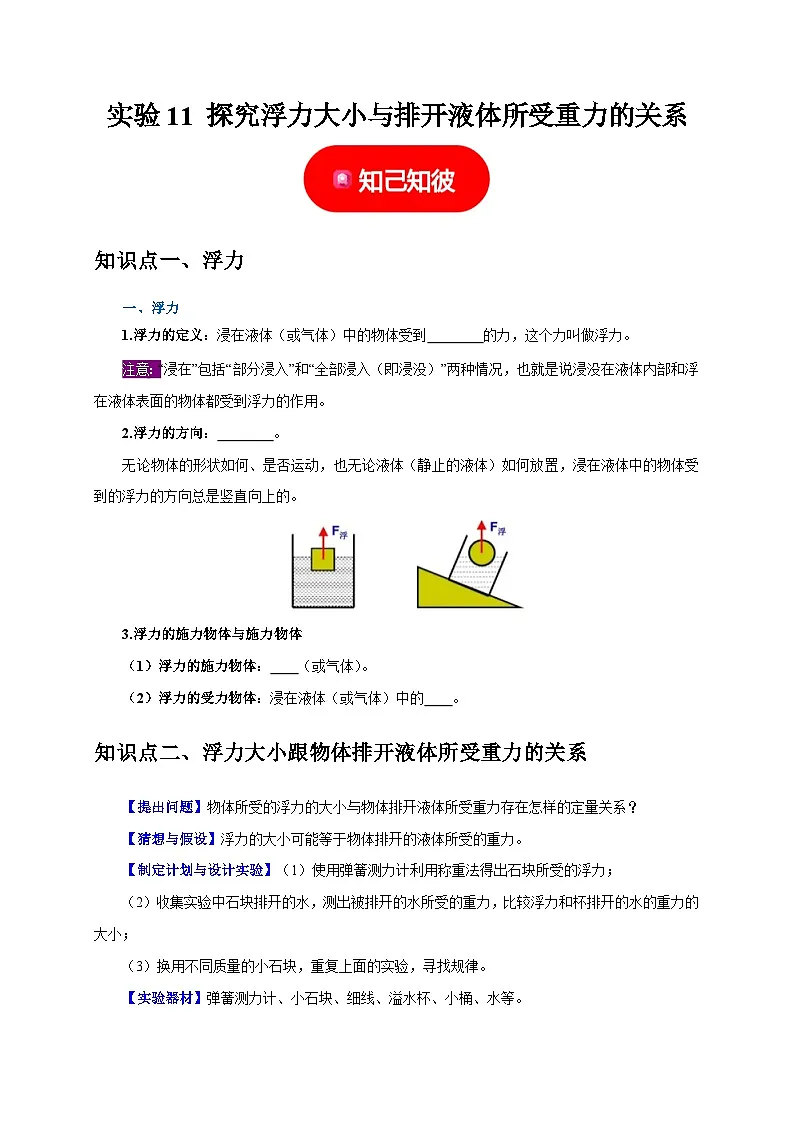 中考物理总复习实验11 探究浮力大小与排开液体所受重力的关系(原卷版)第1页