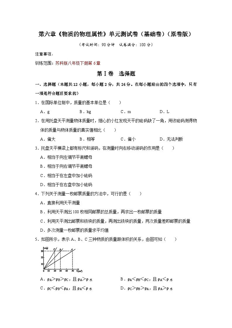 第6章《物质的物理属性》单元测试卷(基础卷)(原卷版)第1页