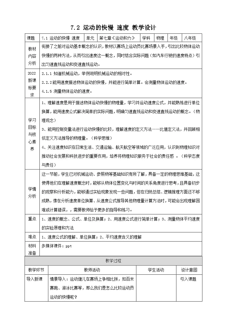 八下物理7.2 运动的快慢 速度 教学设计第1页