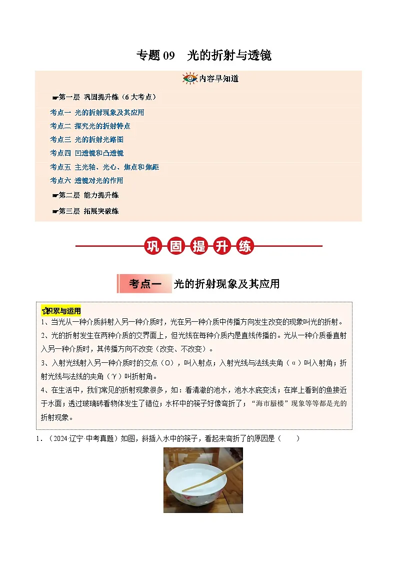 人教版八年级物理寒假讲义培优练习专题09 光的折射与透镜(解析版)第1页