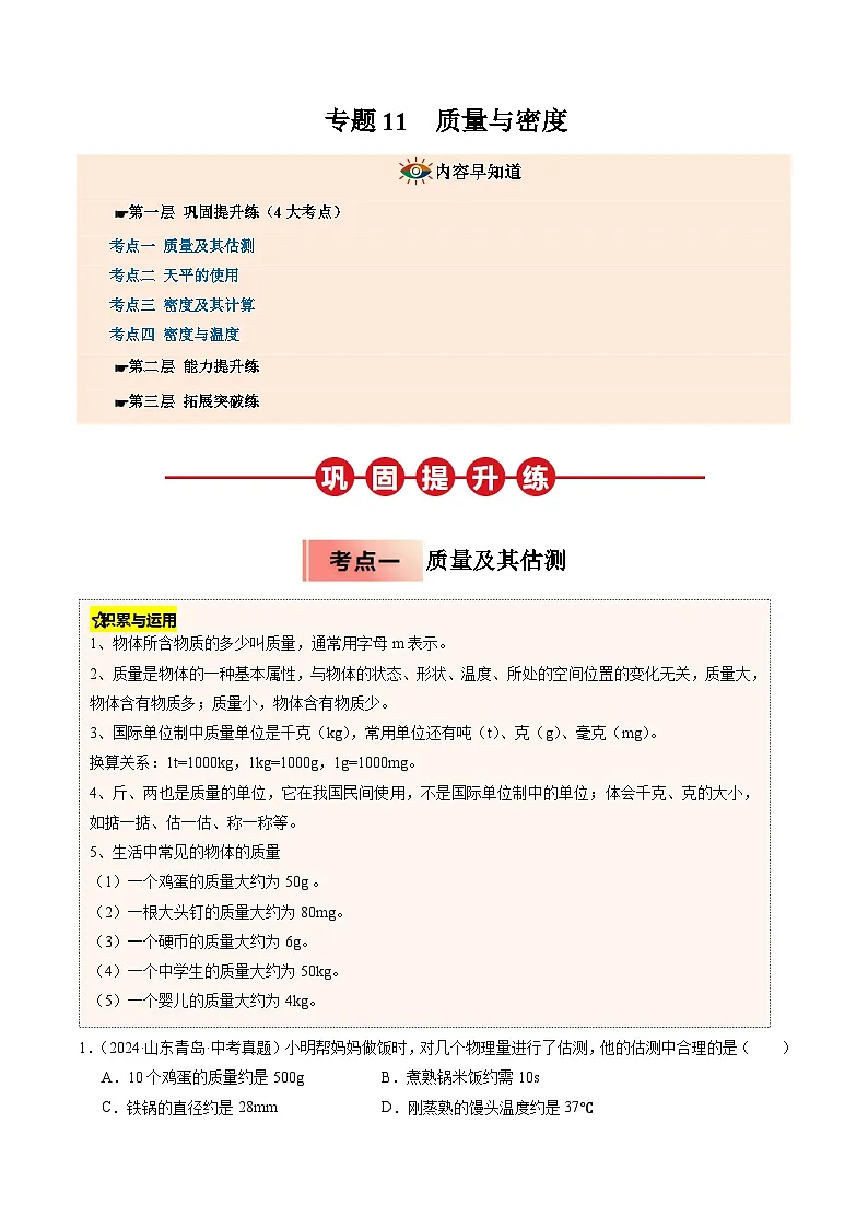 人教版八年级物理寒假讲义培优练习专题11 质量与密度(解析版)第1页