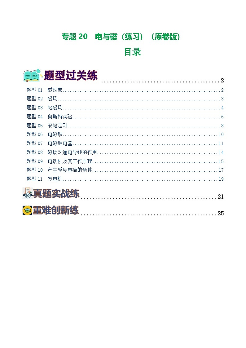 人教版九年級物理寒假提升練習(xí)專題20  電與磁（11題型）（學(xué)生版）第1頁