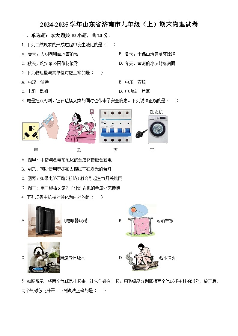 山东省济南市2024-2025学年九年级上学期期末物理试题(原卷版)第1页