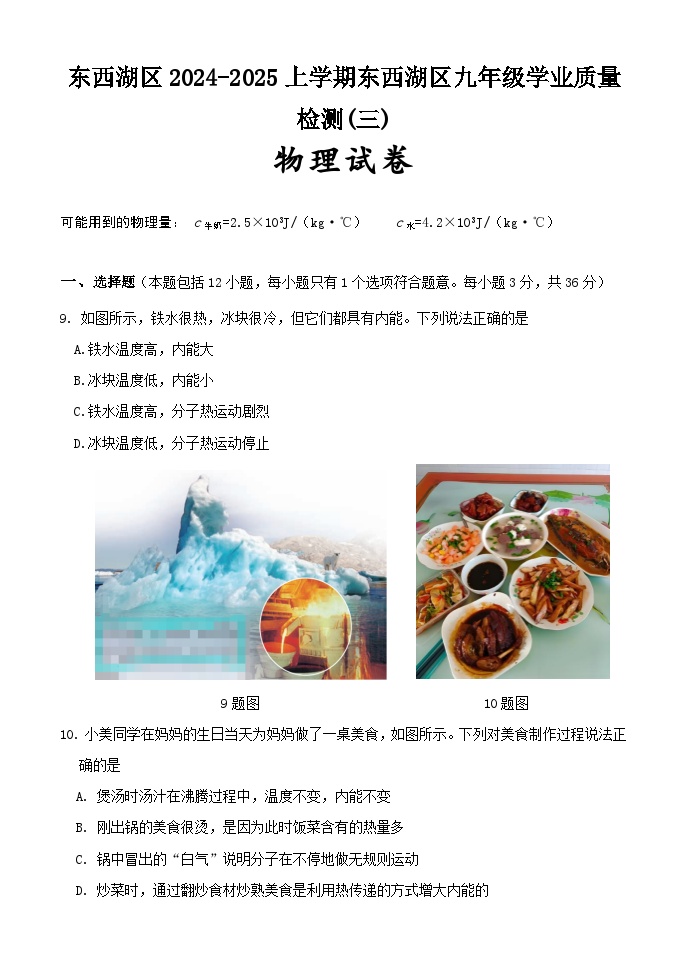 东西湖区2024-2025学年上学期12月考九年级物理试题（word版）