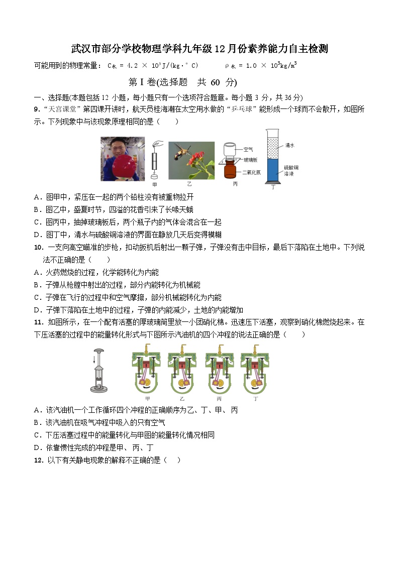武汉市部分学校2024-2025学年上学期12月九年级物理试卷（word版）