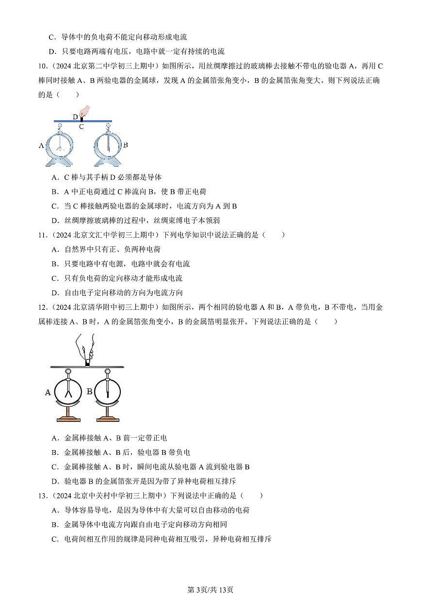2024北京重点校初三(上)期中真题物理汇编:电流及其测量(京改版)第3页