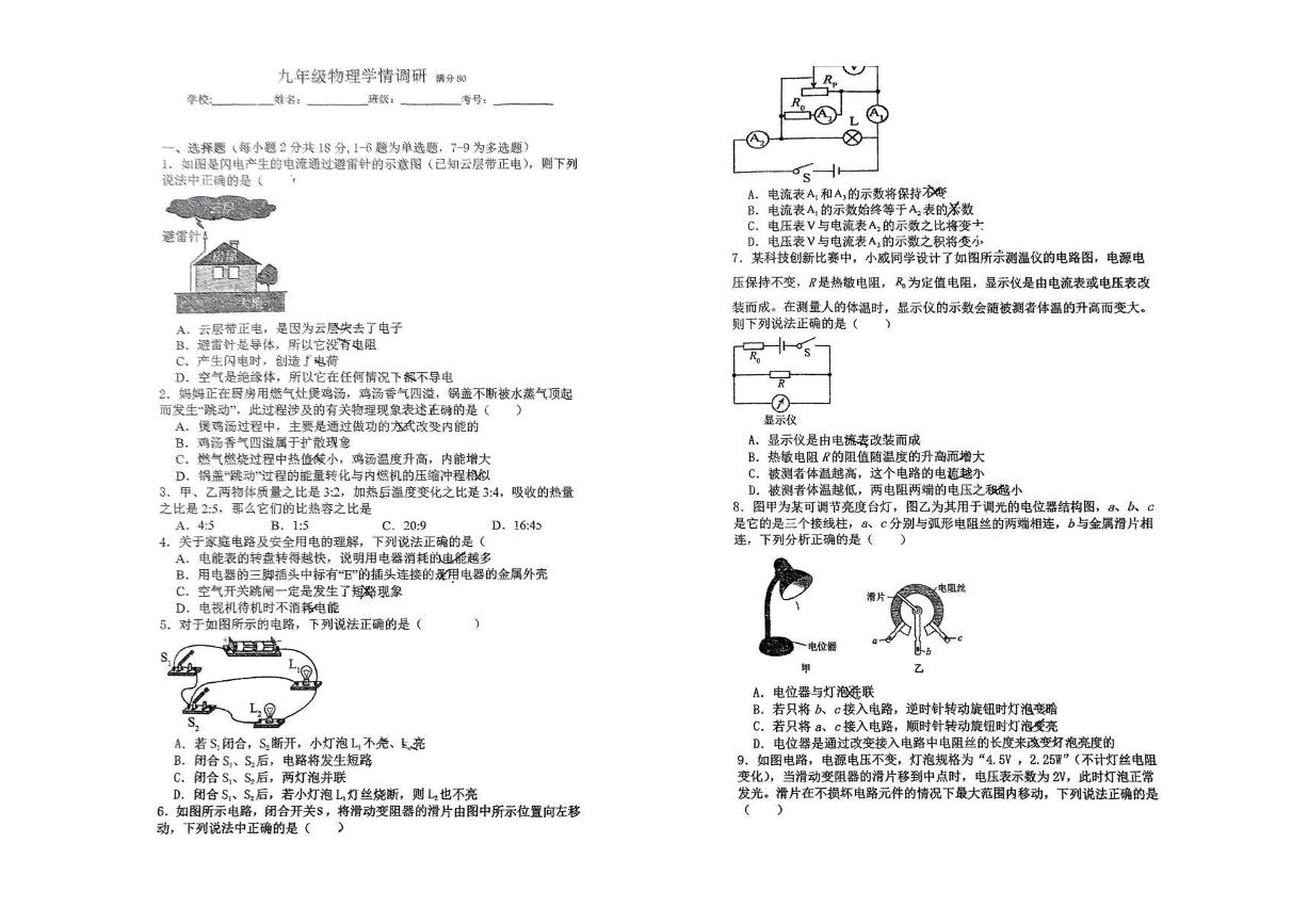 辽宁省沈阳市新民市实验中学2024-2025学年九年级下学期开学考试 物理试题（pdf版）