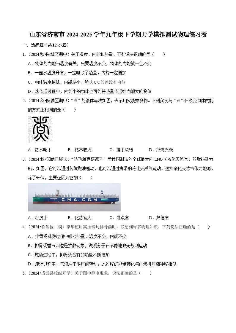 山东省济南市2024-2025学年九年级下学期开学适应性模拟测试 物理练习卷1（含解析）