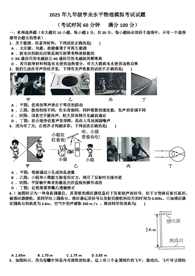 2025年九年级下学期物理模拟考试试题(适用沪科版)(含答案)第1页