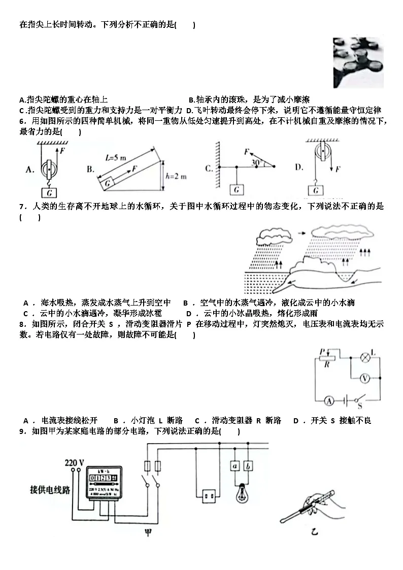 2025年九年级下学期物理模拟考试试题(适用沪科版)(含答案)第2页