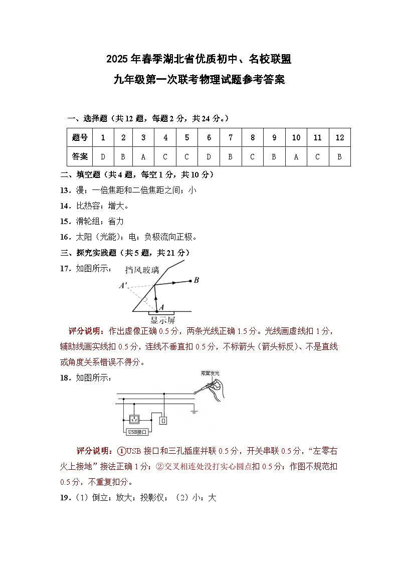九年级第一次联考物理——参考答案第1页