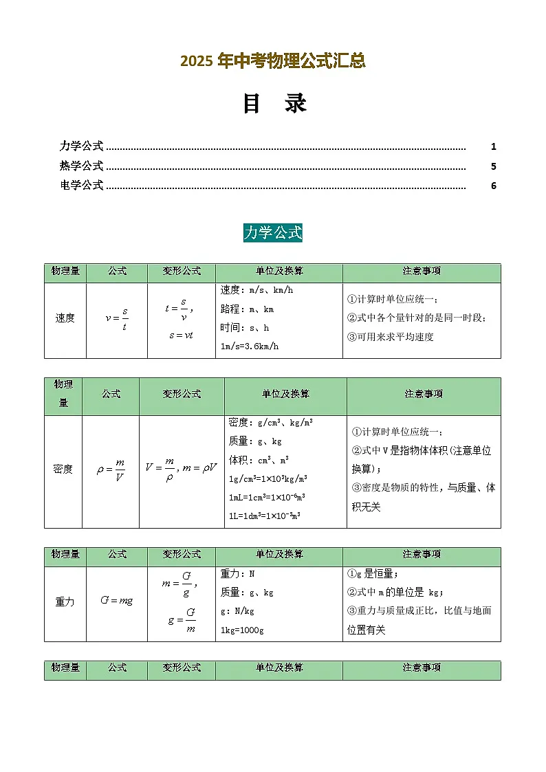 2025年中考物理公式汇总(Word版)第1页