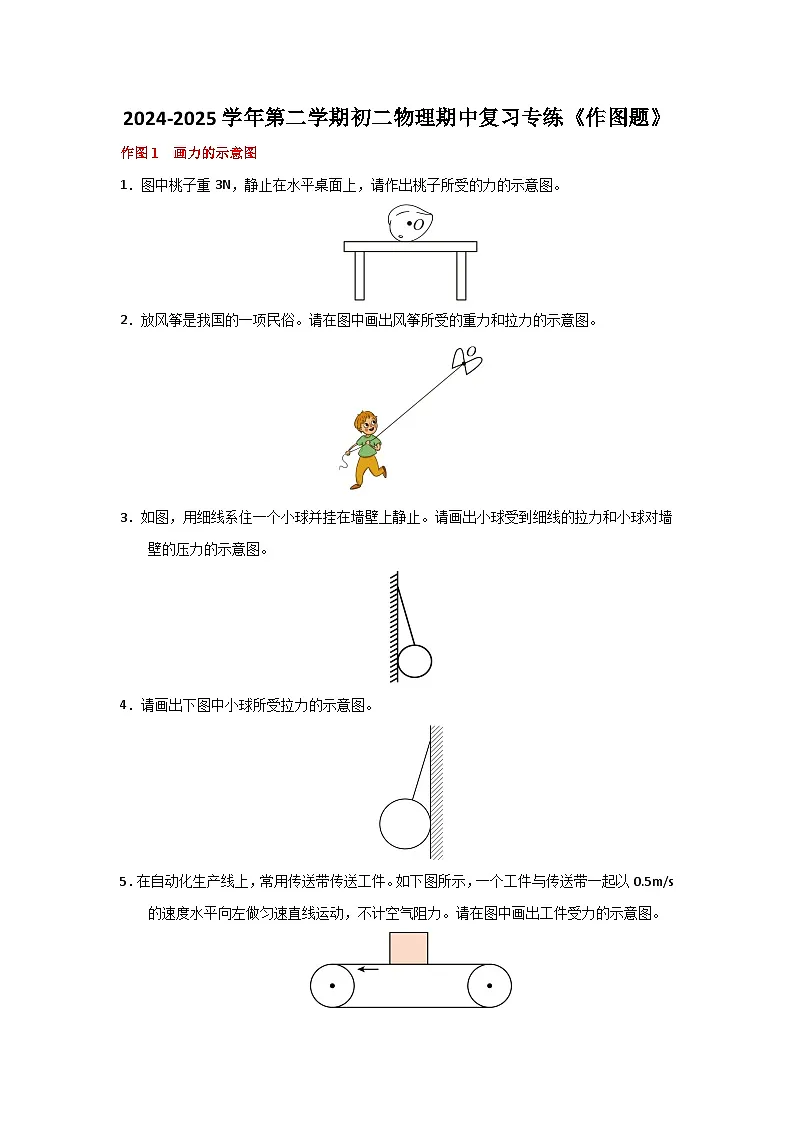 2024-2025学年苏科版(2024)第二学期八年级物理期中复习专练《作图题》(含答案)第1页