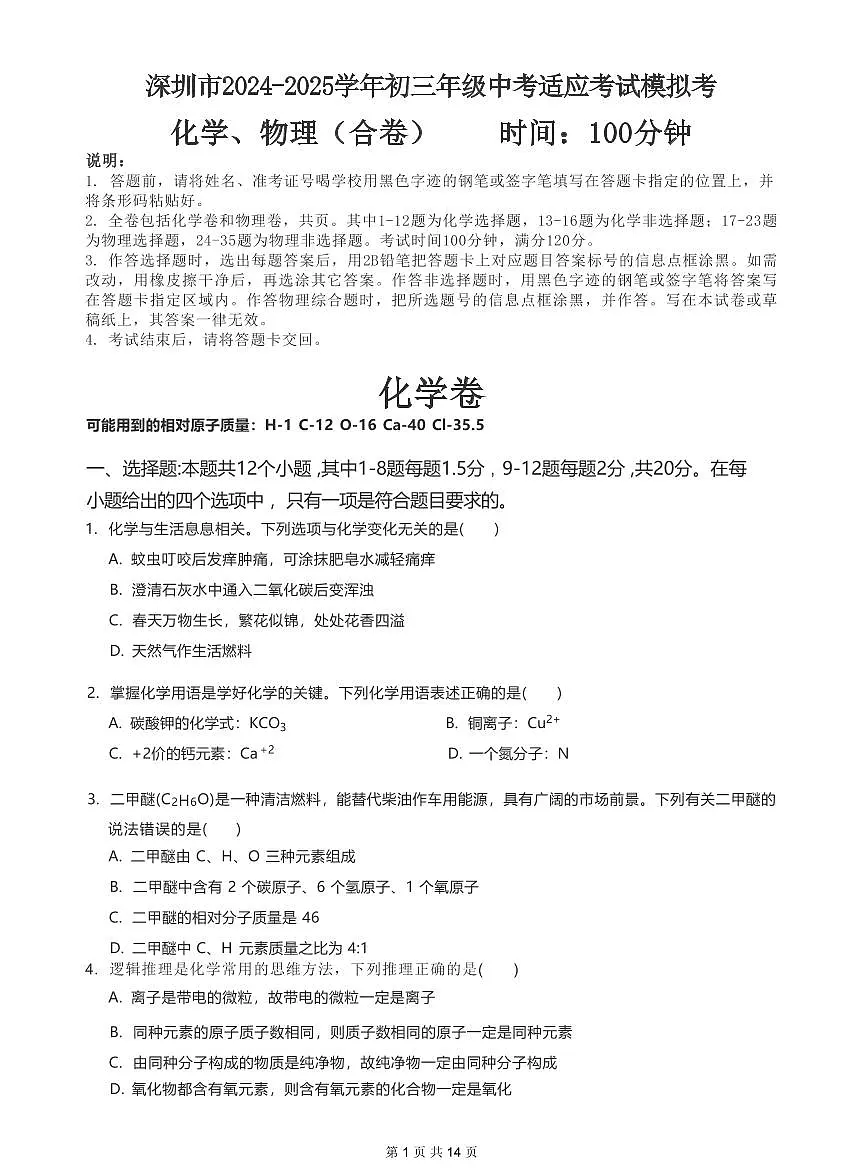 2024-2025学年深圳市远光中考适应性考试模拟考化学物理合卷第1页