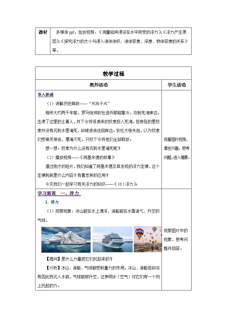 新人教版物理 八下 10-1浮力 教学设计第2页