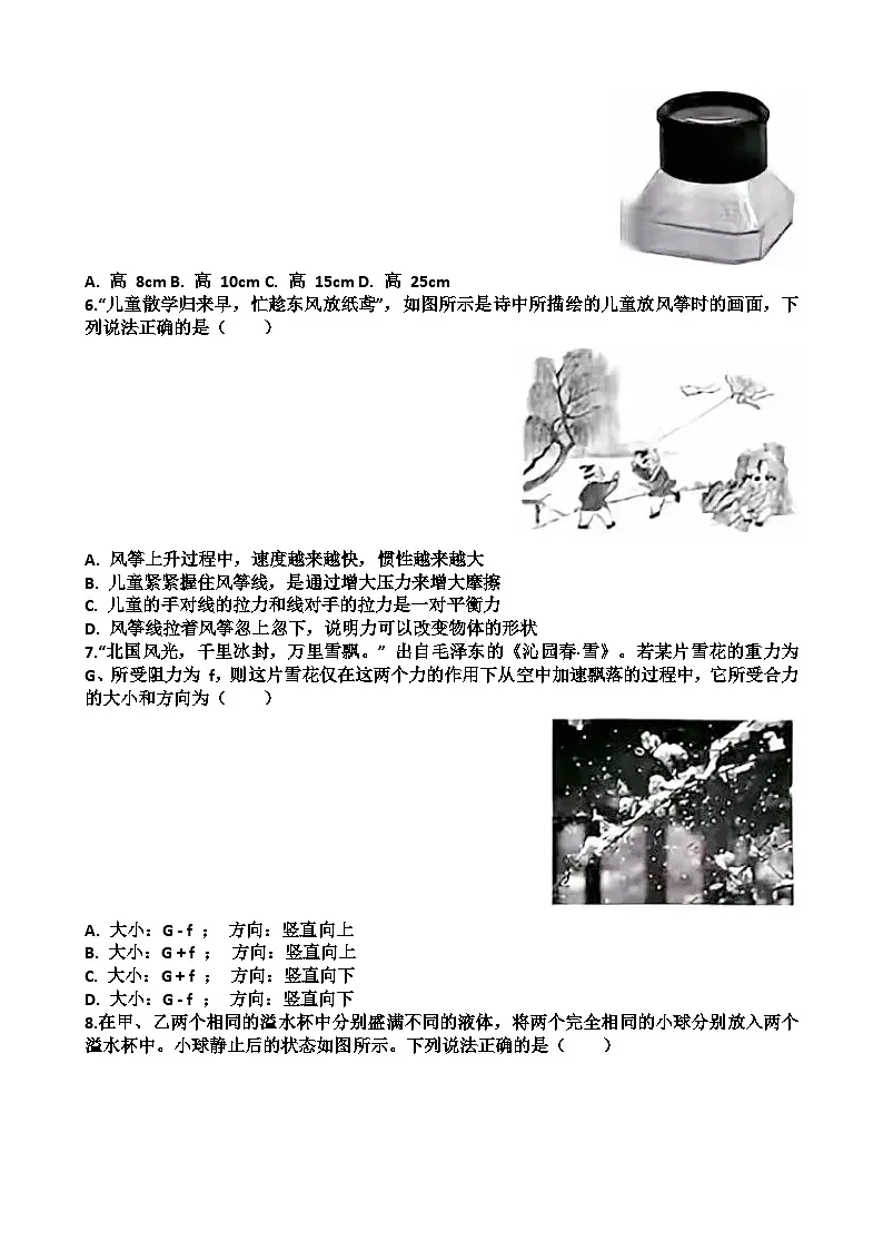 2025年济南历程区九年级中考物理一模考试试题(含答案)第2页