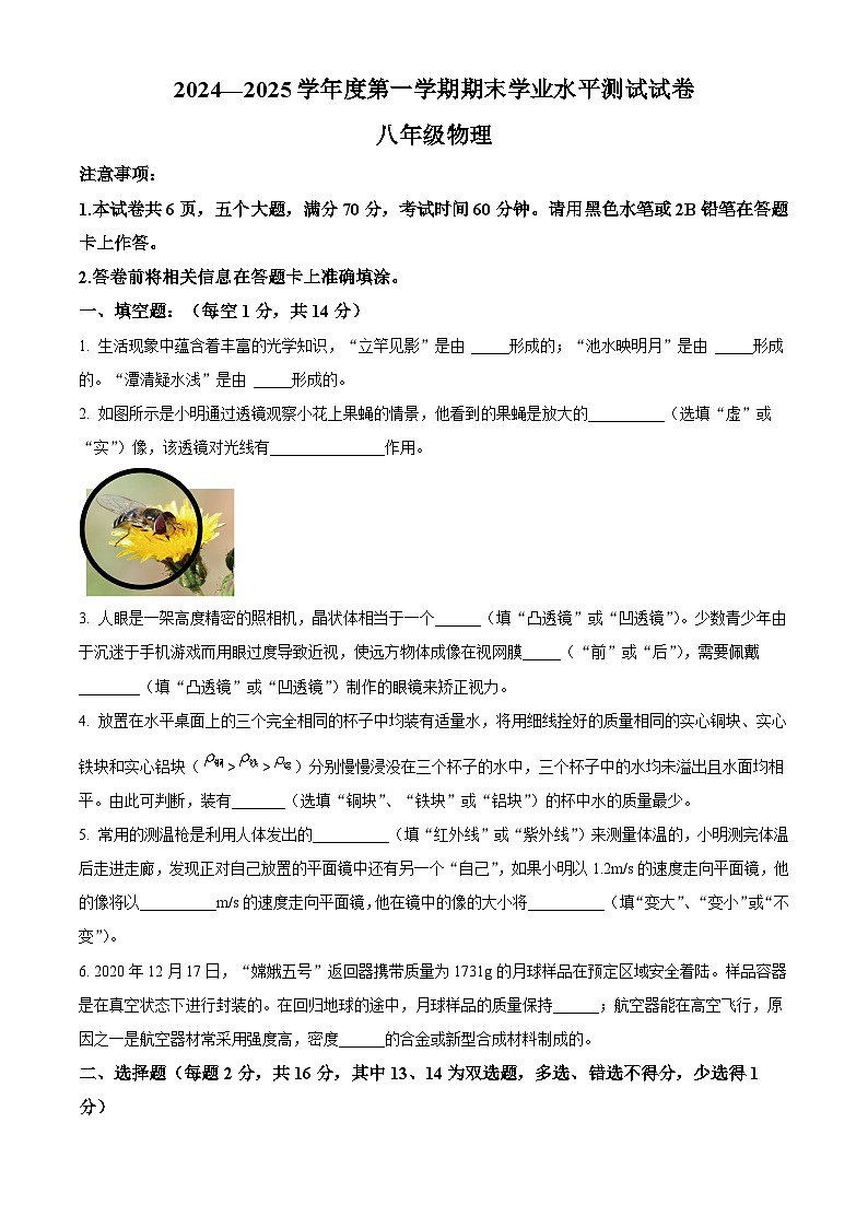 河南省驻马店市遂平县2024-2025学年八年级上学期期末物理试题(原卷版+解析版)第1页