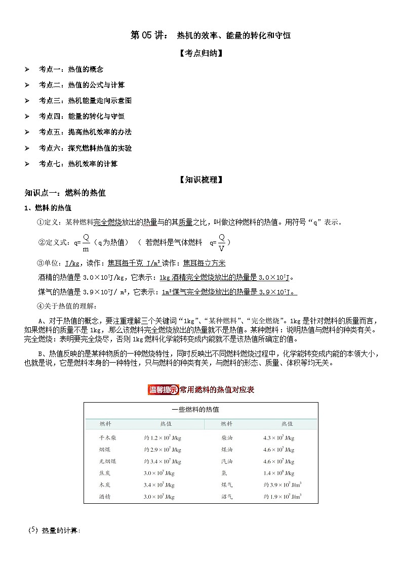 第05讲: 热机的效率、能量的转化和守恒 原卷版第1页