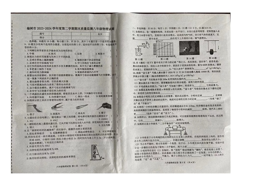 吉林省長春市榆樹市2023-2024學(xué)年八年級下學(xué)期7月期末物理試題第1頁