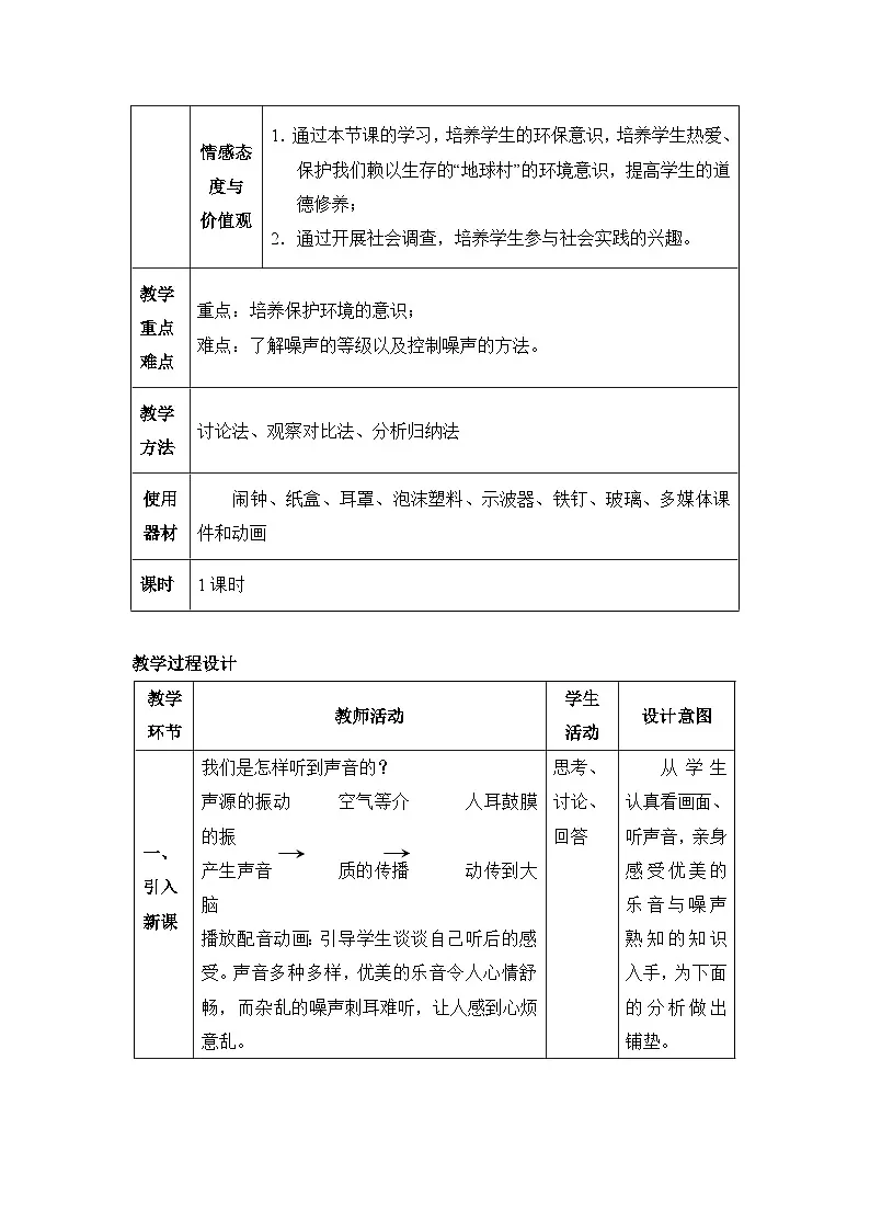 新人教版物理 八上 2-4《噪声的危害和控制》教学设计第2页